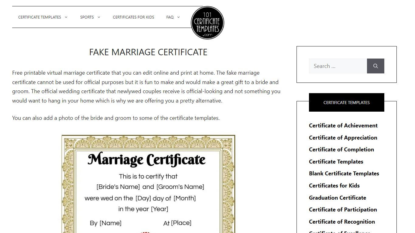 FREE Printable and Editable Fake Marriage Certificate